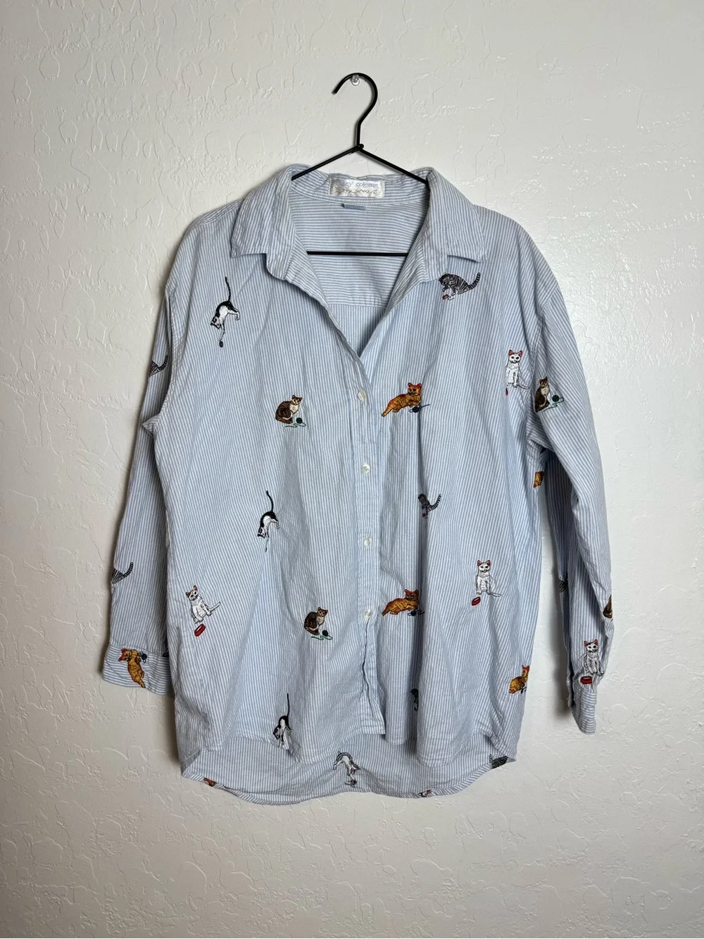 Vintage 90s Casey Coleman Cat Embroidered Striped Button-Down Shirt